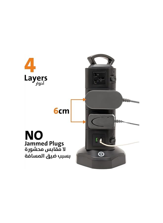 Smart Design Solutions Smart Design Solutions Tower Extension Cord Surge Protector - 15-Socket Power Strip with USB Ports & 3M Cable (4 Layers-Black)  - Image 4