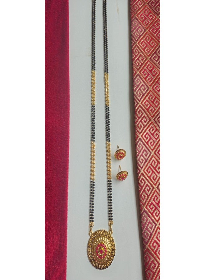 طقم مانجالسوترا تقليدي من ولاية ماهاراشترا، مصنوع من الذهب المصقول بتقنية الميكروبوزي، مع خرز أسود و10 قطع من تصميم ماني الذهبي وقلادة فاتي، بطول 34 بوصة للنساء (دائري 13). - Image 3
