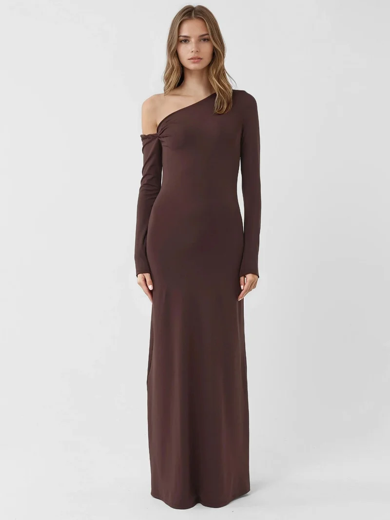 HICCUP Asymmetrical Collar Maxi Bodycon Dress