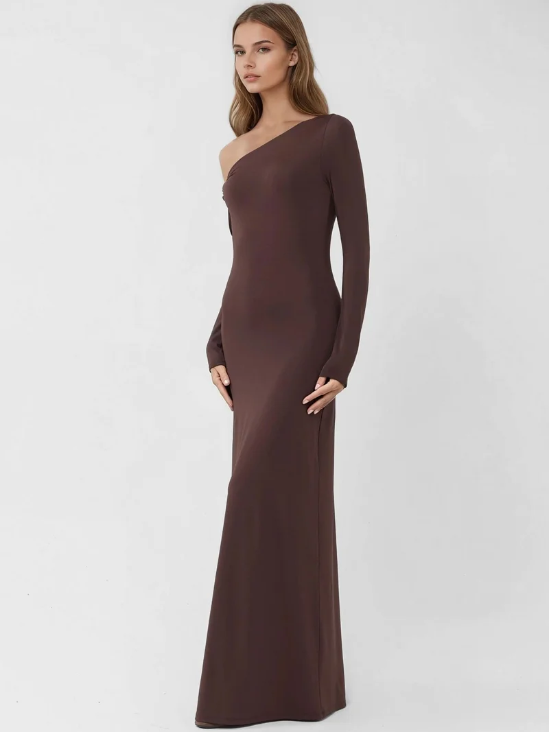 HICCUP Asymmetrical Collar Maxi Bodycon Dress