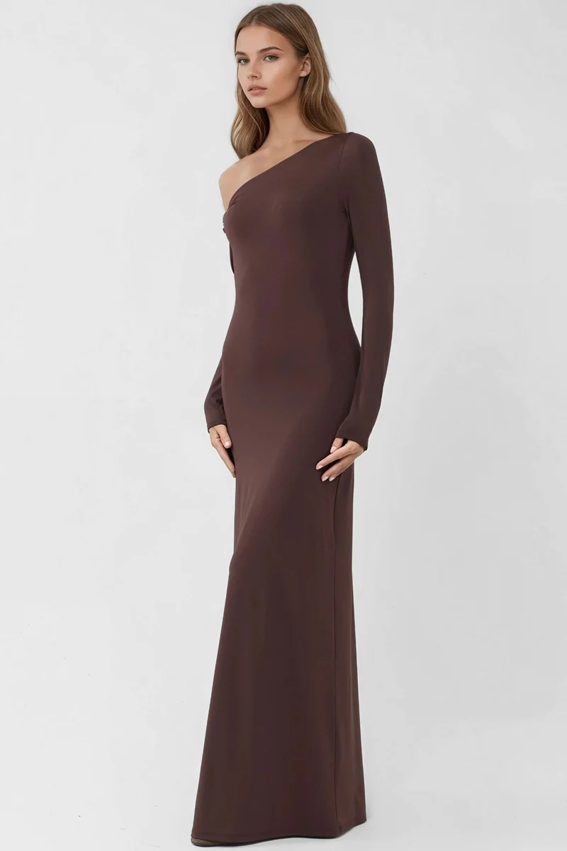 Hiccup Asymmetrical Collar Maxi Bodycon Dress