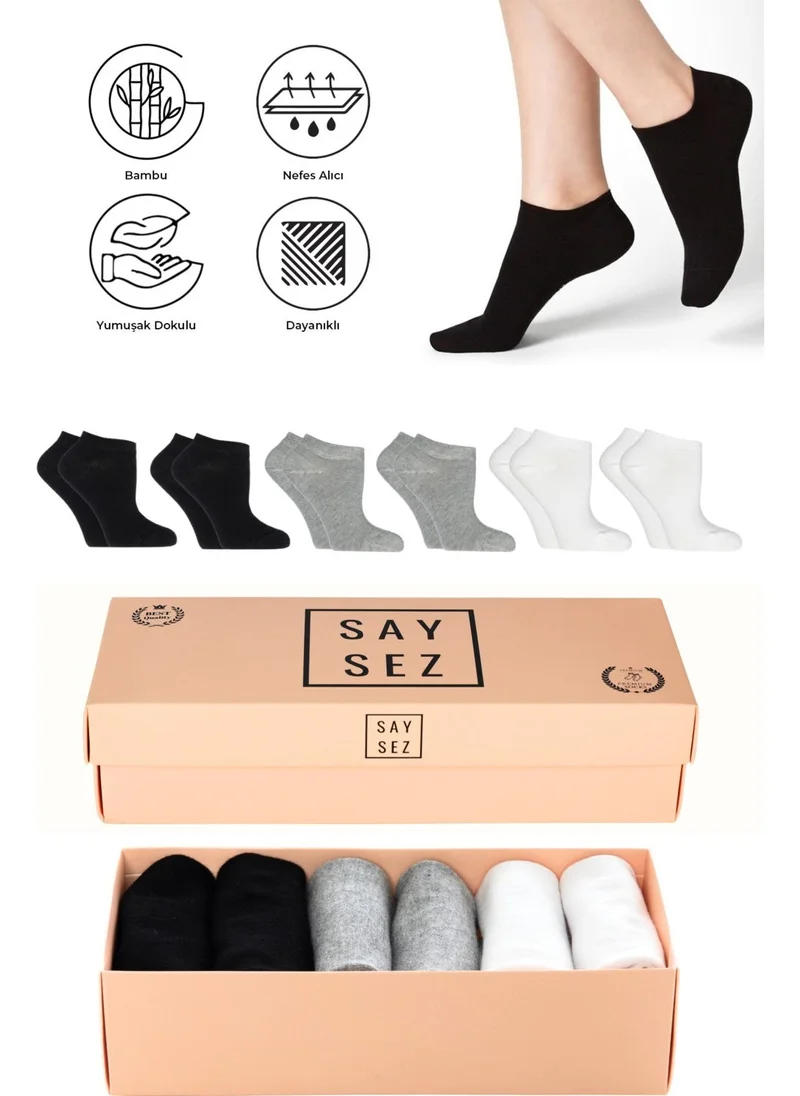 Saysez Bamboo Women's Booties Plain Black-White-Grey Socks Multi-Colored Seamless Premium Boxed 6-Piece