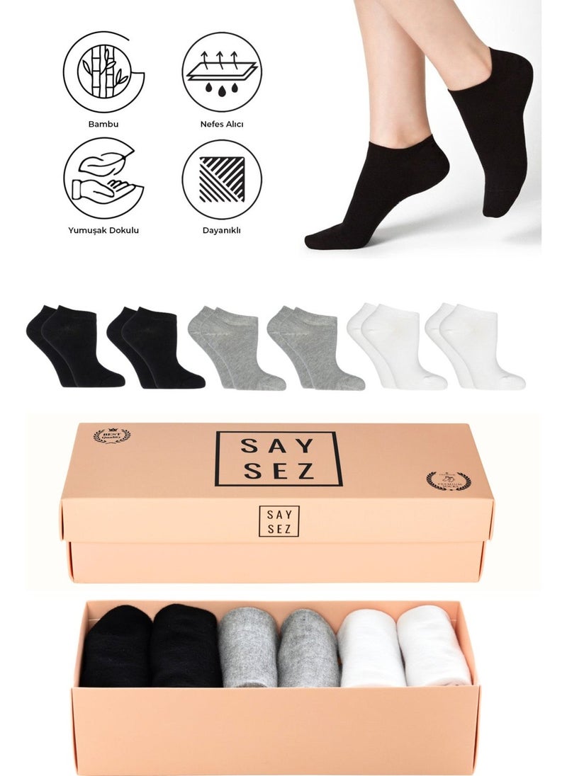 Saysez Bamboo Women's Booties Plain Black-White-Grey Socks Multi-Colored Seamless Premium Boxed 6-Piece  - Image 3