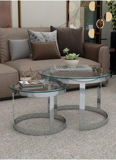 RIGID Stainless Steel Nesting Coffee Tables Set of 2 with Glass Top  51x74x74cm  - Image 1