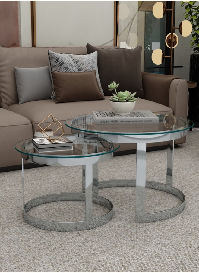 RIGID - Stainless Steel Nesting Coffee Tables Set of 2 with Glass Top  51x74x74cm - Image 1