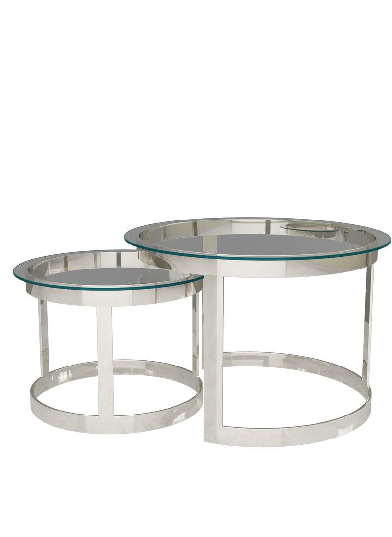RIGID - Stainless Steel Nesting Coffee Tables Set of 2 with Glass Top  51x74x74cm - Image 1