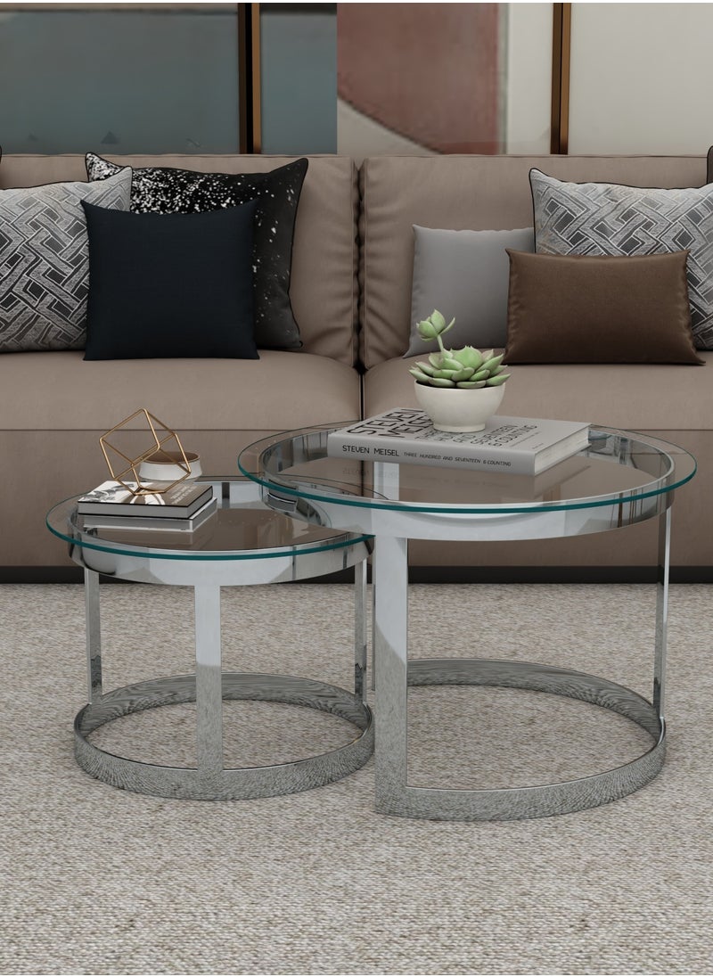 RIGID - Stainless Steel Nesting Coffee Tables Set of 2 with Glass Top  51x74x74cm - Image 1