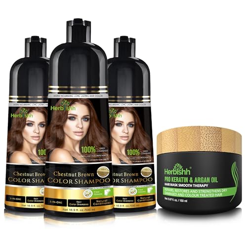 Herbishh Ultimate Shampoo Kit 3pcs Dye 1 Argan Mask for Smooth LongLasting Grey Hair Color Men Women Chestnut Brown