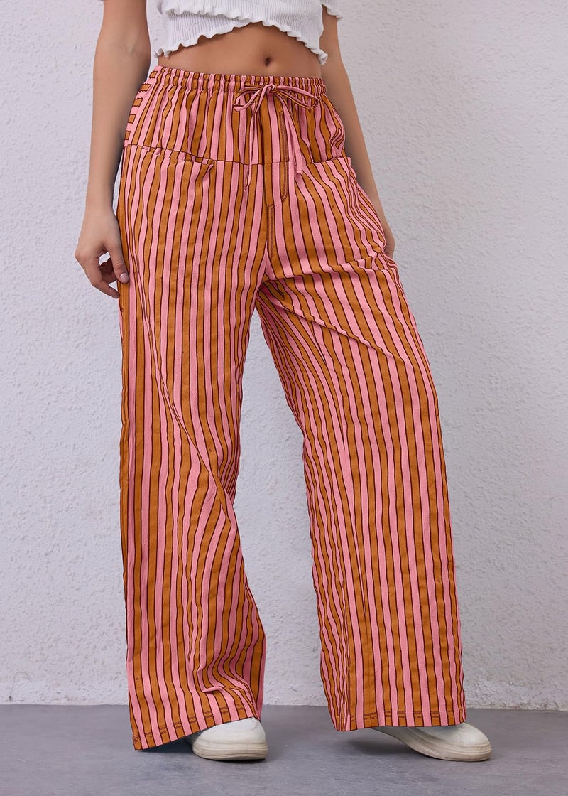 MISSACTIVER Women Drawstring Striped Pants Loose Wide Leg Trousers Casual Low Waist Pants Comfy Lounge Pants with Pockets Red - Image 3