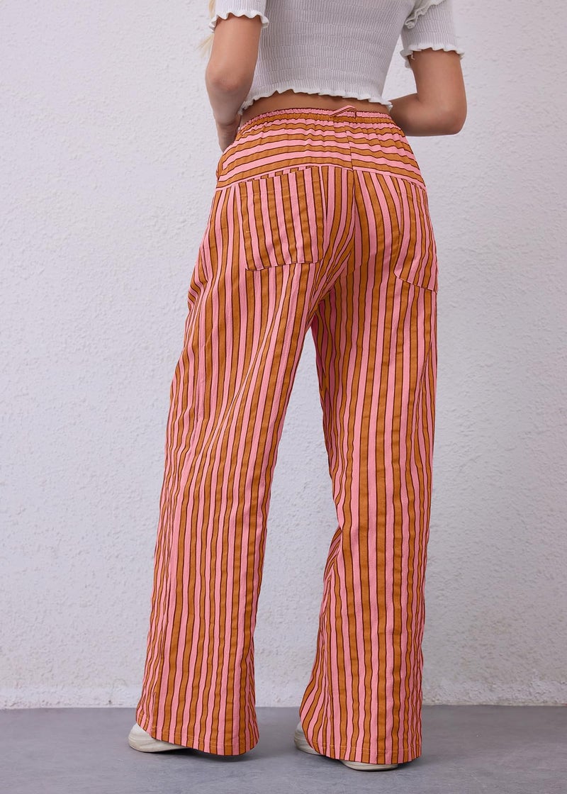 MISSACTIVER Women Drawstring Striped Pants Loose Wide Leg Trousers Casual Low Waist Pants Comfy Lounge Pants with Pockets Red - Image 4