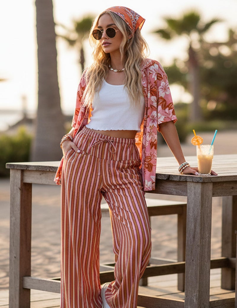 MISSACTIVER Women Drawstring Striped Pants Loose Wide Leg Trousers Casual Low Waist Pants Comfy Lounge Pants with Pockets Red - Image 2