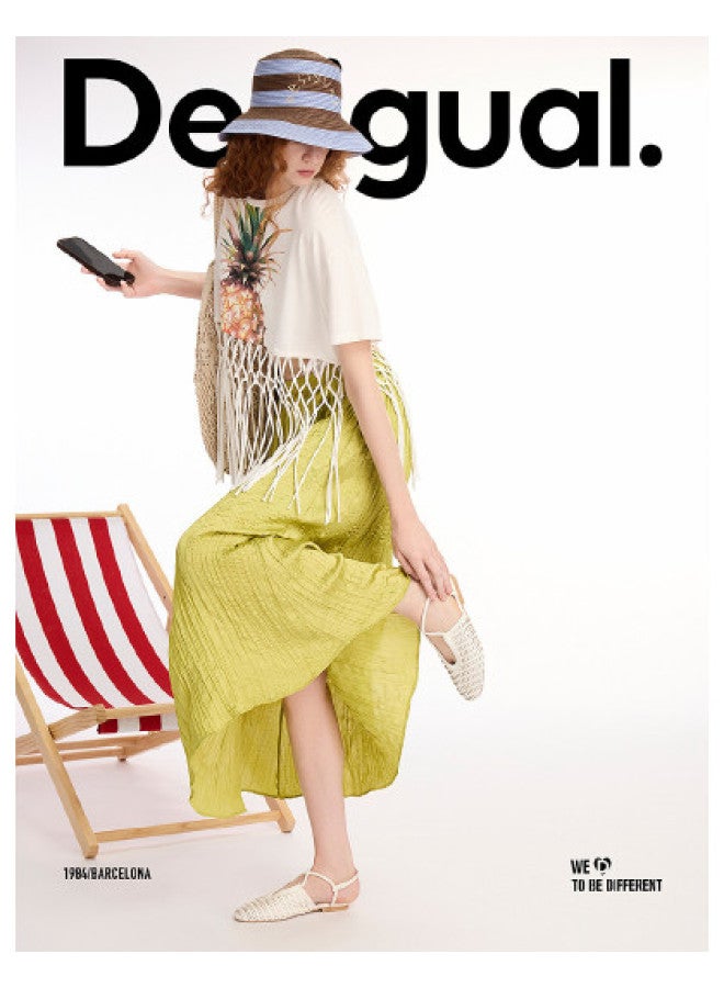 DESIGUAL تي شيرت قطن بطبعة أناناس للنساء 25ss مع حواف مفرغة - Image 1