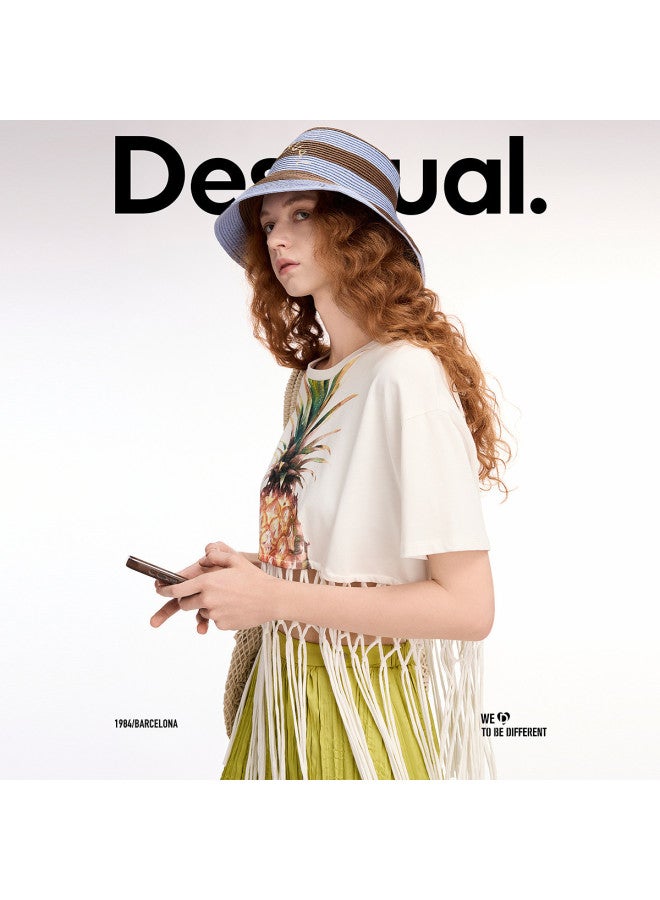 DESIGUAL تي شيرت قطن بطبعة أناناس للنساء 25ss مع حواف مفرغة - Image 3
