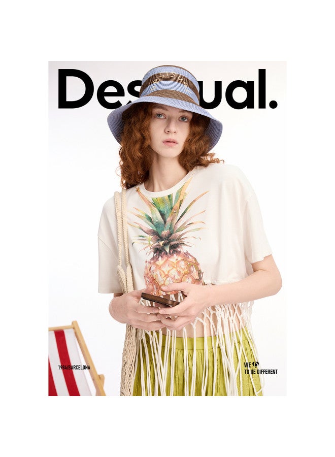 DESIGUAL تي شيرت قطن بطبعة أناناس للنساء 25ss مع حواف مفرغة - Image 4