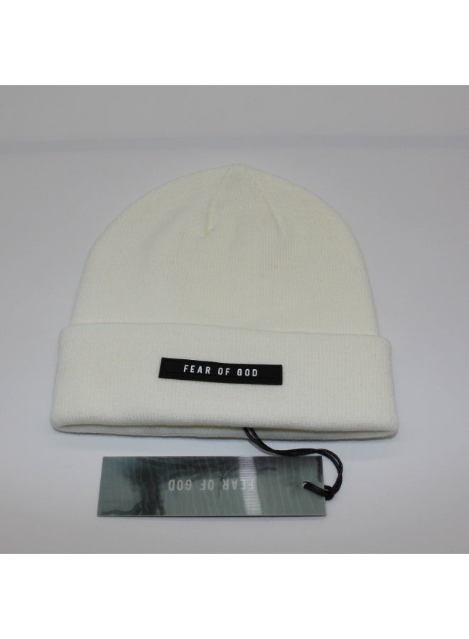 Fear of God Cream Knit Beanie with Black Leather Patch – Minimalist Luxury Daily Headwear