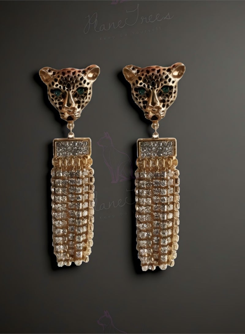 Plane Trees Golden Panther Head Drop Earrings with Crystal Tassels – Statement Animal Jewelry - Image 1