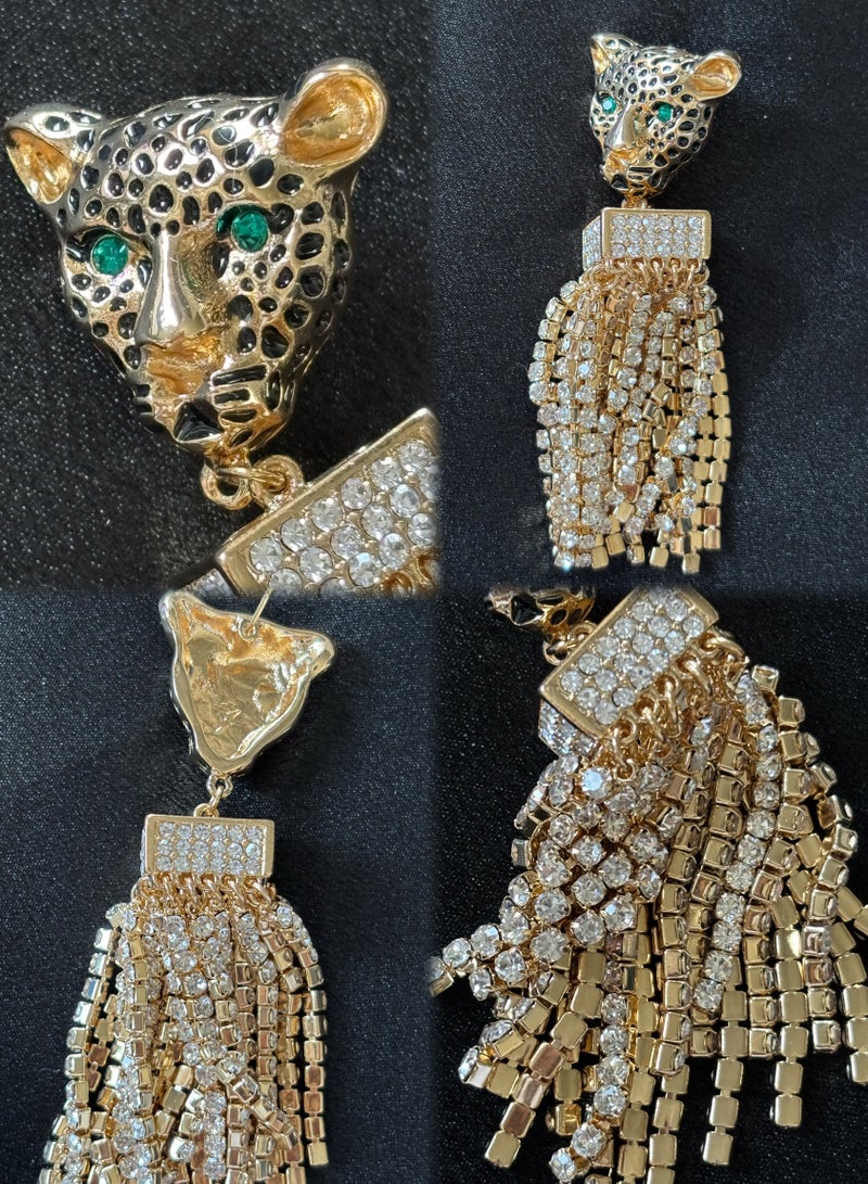 Plane Trees Golden Panther Head Drop Earrings with Crystal Tassels – Statement Animal Jewelry - Image 2