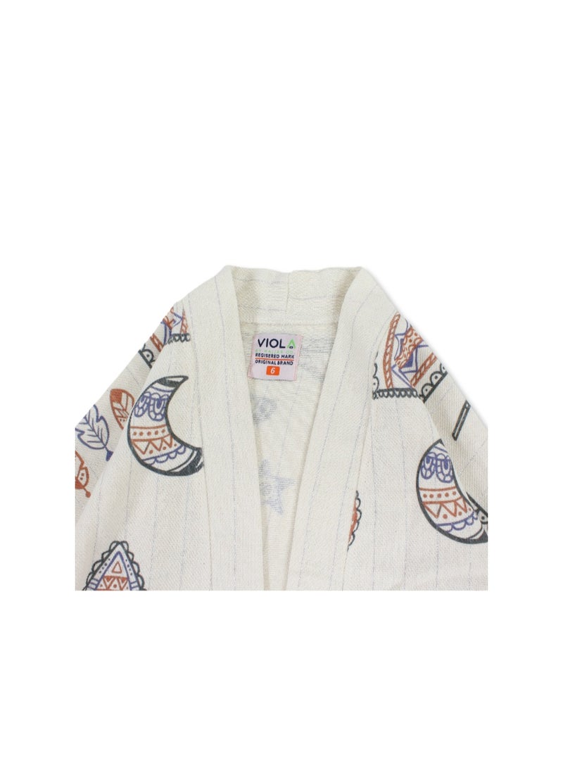 قفطان كتان للبنات - بيج بنقشة تراثية - Image 3