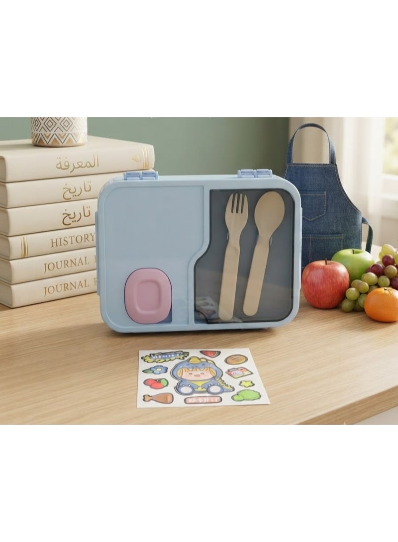 Girls' 3-compartment lunch box featuring a fork and spoon, a leak-proof design, a sauce container, and a light blue color; includes cute cartoon stickers. - Image 1