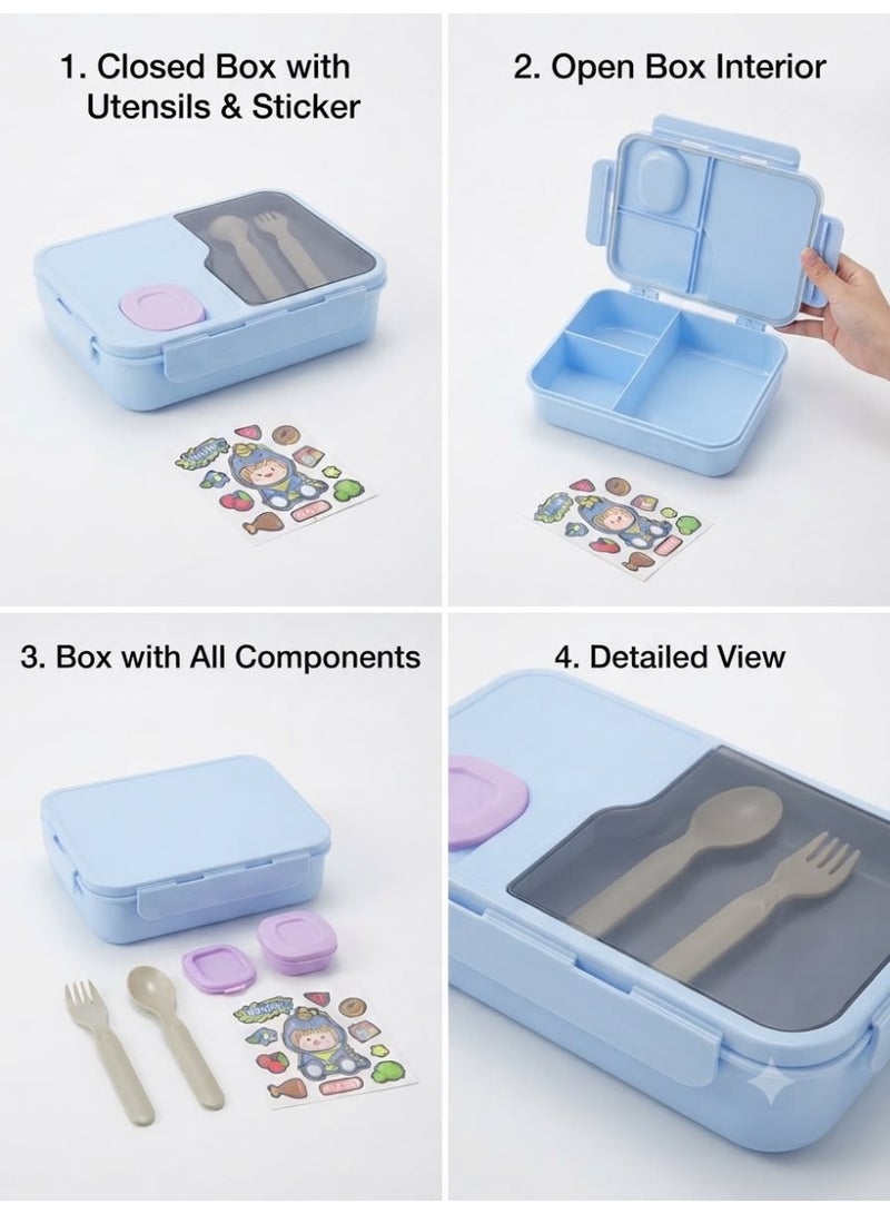 Girls' 3-compartment lunch box featuring a fork and spoon, a leak-proof design, a sauce container, and a light blue color; includes cute cartoon stickers. - Image 2