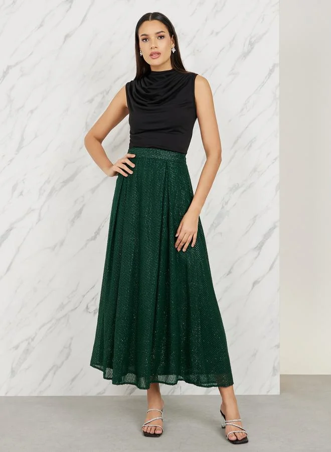 Styli Dobby Textured Bow Pleat A-Line Maxi Skirt