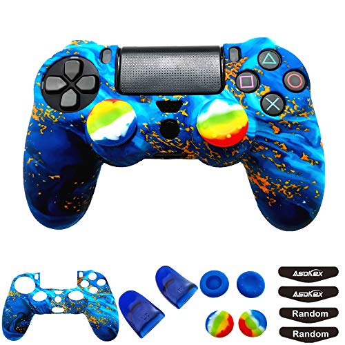 Asokex Silicone Skin Cover for Ps4 Controller (1pc Anti-Slip Case, 1 Pair L2 R2 Trigger Extender, 4pcs Thumb Grips,4pcs LED Light Bar Decal) Protector for DualShock PS4/ Slim/Pro Controller (sky blue&yellow) - Image 1