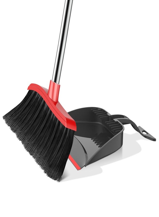 EZKEY Broom and Step-on Dustpan Set, 59-in Adjustable Long Handle Broom with Dustpan Combo Set Outdoor Angle Broom for Sweeping Indoor Dust Pet Hair for Cleaning Kitchen Garage Deck Patio, Black&Red - Image 1