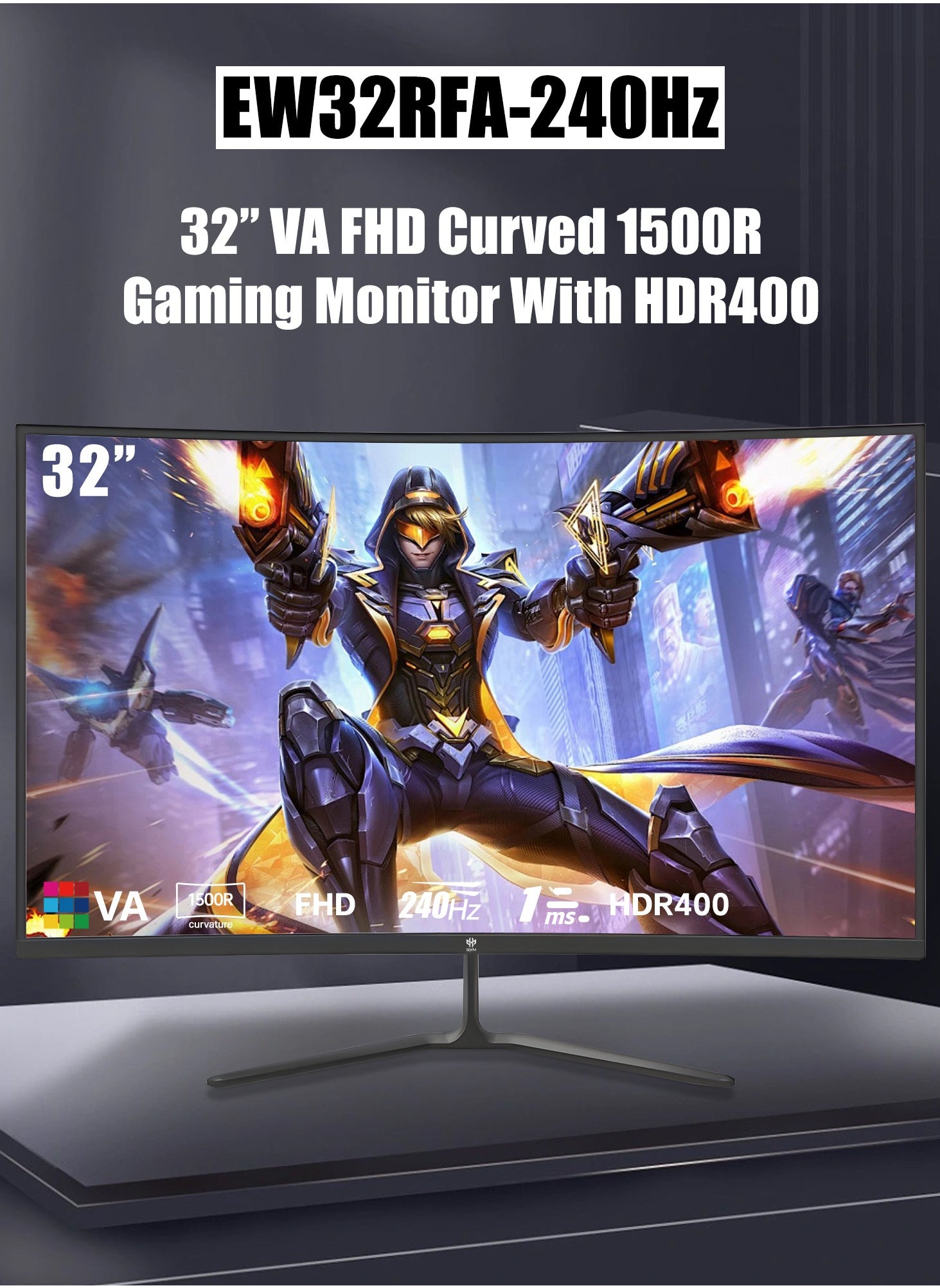 شاشة ألعاب GXM EW32RFA-240Hz 32 بوصة منحنية بدون إطار فائقة السرعة، FHD1920x1080 @ 240 هرتز، 16:9، Free Sync & G-Sync، 4000:1، إضاءة خلفية LED مقاس 32 بوصة، وقت استجابة 1 مللي ثانية، 16.7 مليون لون، 99% sRGB، مكبر صوت، أسود 