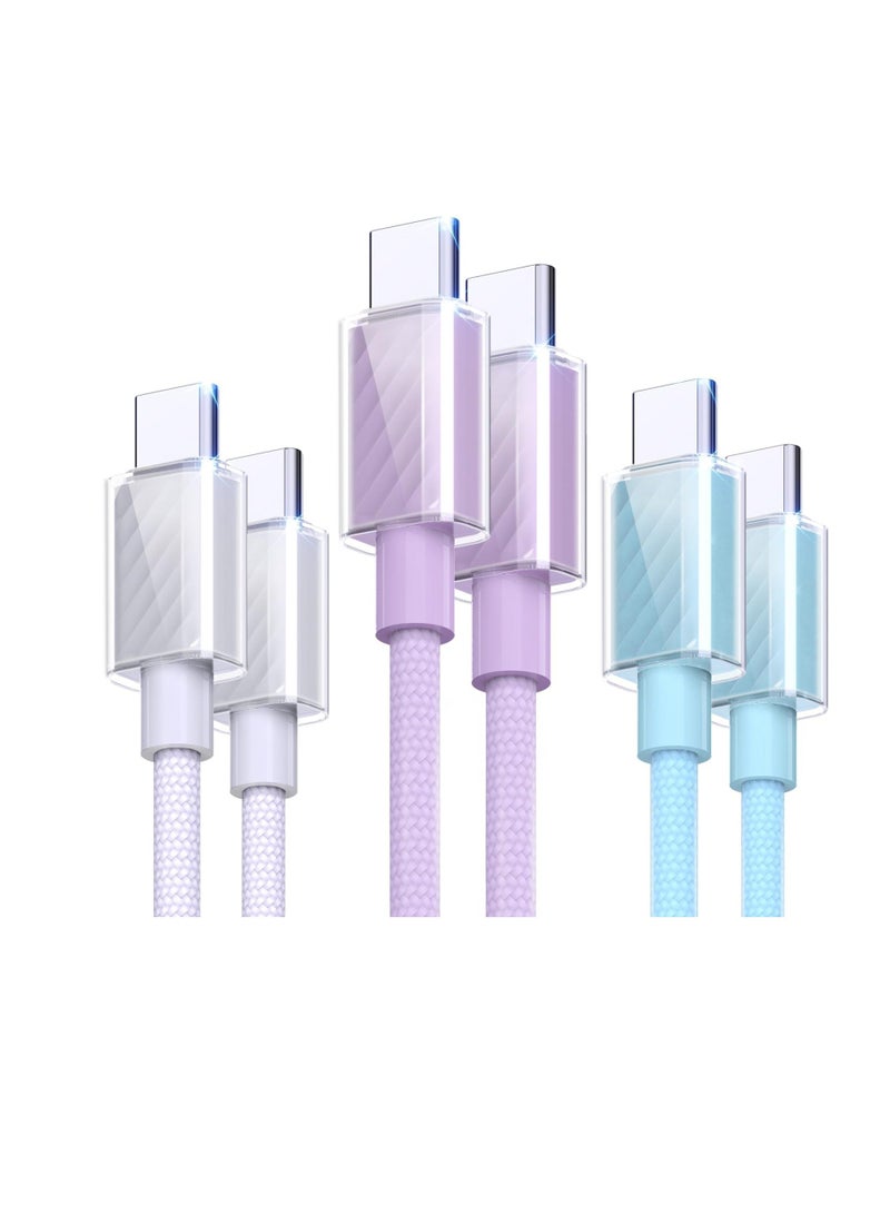 USB C Cable 60W, 3 Pack Fast Charging Lower Temp USB C to USB C Cable, Type C to Type C Charger Braided USB Cable for iPhone 15/15 Pro Max, MacBook, iPad, Samsung Galaxy S23, Blue, White, Purple - Image 1