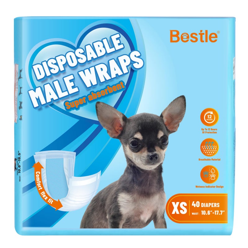 Bestle Male Dog Wrap, Disposable Dog Diapers, 40 Count, XS (Waist 10.6â€-16.6â€), Wetness Indicator, Ultra Protection, Leak Proof, Super Absorbent, Soft - Image 1