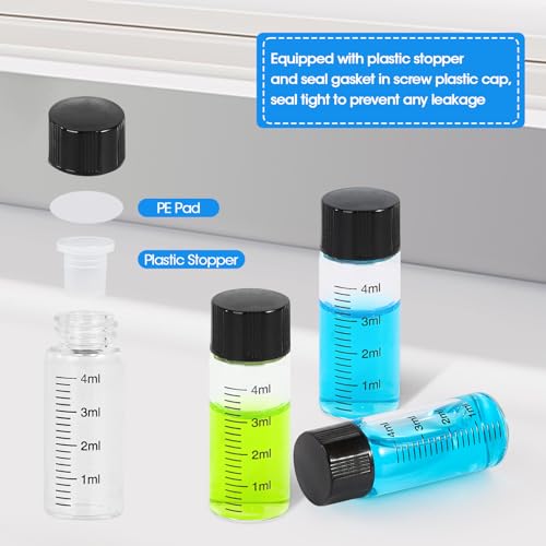 Cadbibe 4ml Clear Glass Graduated Vials with Screw Caps and Plastic Stoppers, 1 Dram Small Sample Vials with Lids, Leak-Proof Liquid Storage Empty Vial, 12PCS - Image 2