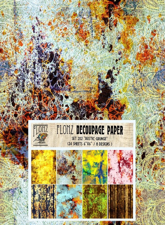 Decoupage Paper Pack (24 Sheets 6"x6") Rustic Grunge # Vintage Styled Seamless Art Deco Pattern Paper for Decoupage, Craft and Scrapbooking