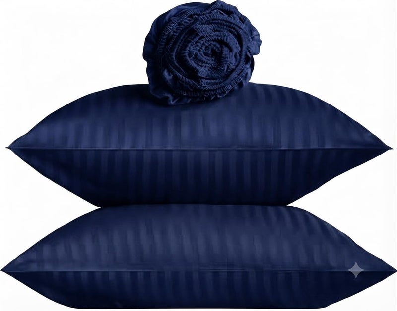 Premium Luxury Bed Sheet Set – Extra Soft & Breathable & Skin-Friendly Fitted Sheet with Deep Elastic Pockets, 2 Pillowcase & 1 Fitted Sheet Included, Navy, 180x200 cm