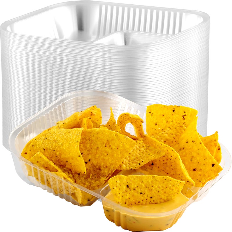AntiSpill Large 6x8 Inch Plastic Nacho Trays 25 Pack Reusable 2 Compartment Boats Great for Dips Snacks Fair Foods Portable Nacho Chip Holders for School Carnivals Parties Concession Stands
