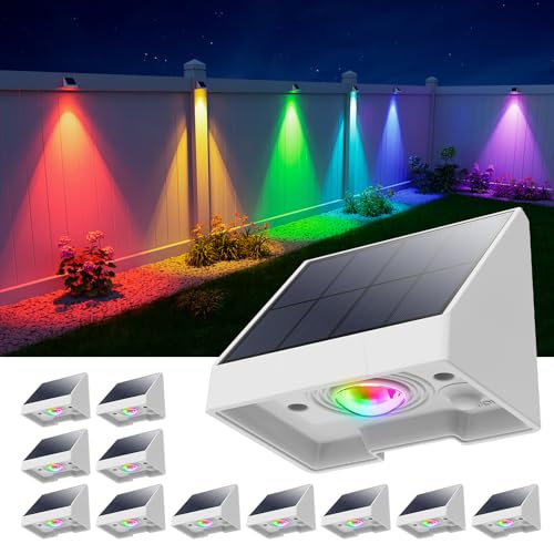 GVSHINE 12 Pack Color Changing Solar Powered Fence Lights Outdoor Landscape LED Waterproof Yard Lighting for Outside Wall Deck House Patio Railing Porch Step 8 Colores Easy Installation White Shell - Image 1