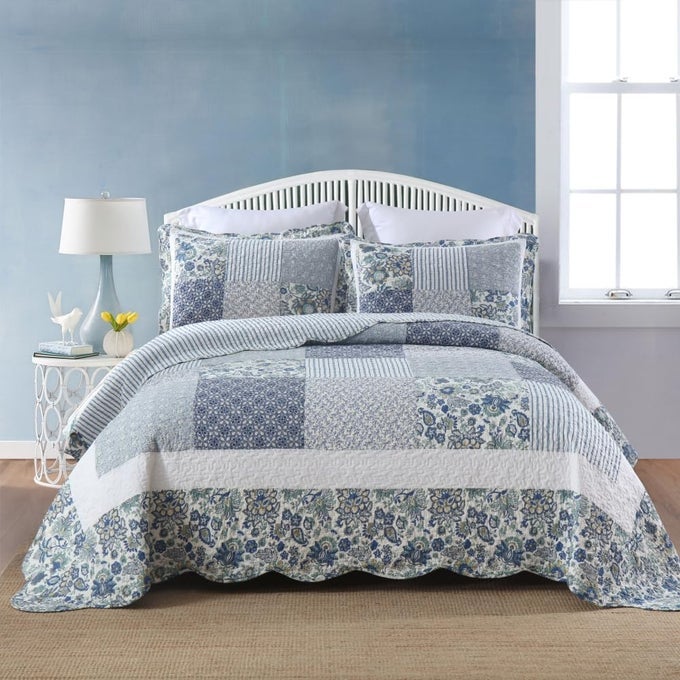 COTTON BEDSPREAD QUILT BEDDING SETS 3 PIECES REVERSIBLE COVERLET SETS COMFORTERS VINTAGE FLORAL PATCHWORK BLUE BEDSPREAD BLUE VINTAGE FLORAL QUEEN SIZE