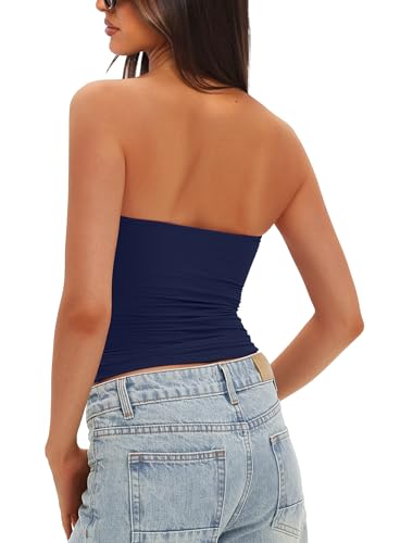 Darong Womens Tube Tops Built in Bra Strapless Crop Tops Basic Backless Sleeveless Bandeau Going Out Shirts 9205 Navy Blue M - Image 3