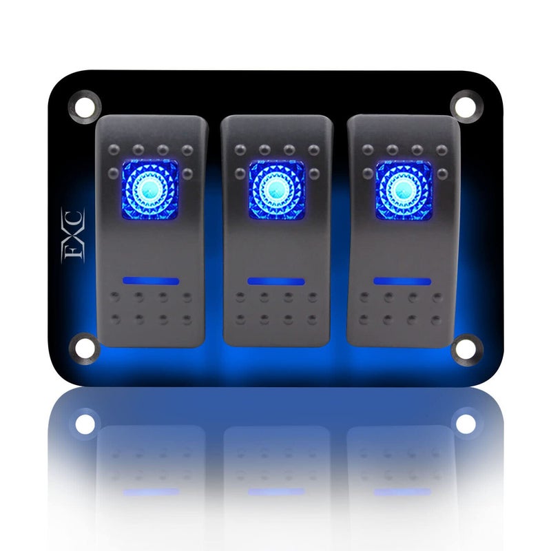 FXC 3 Gang Blue Rocker Switch Aluminium Panel with LED Backlit for Boat and Car - Image 1