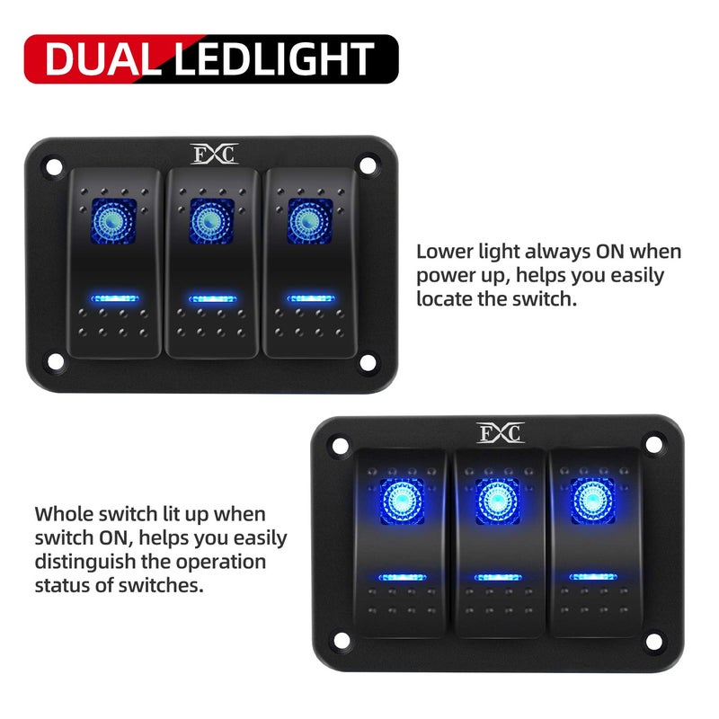FXC 3 Gang Blue Rocker Switch Aluminium Panel with LED Backlit for Boat and Car - Image 2