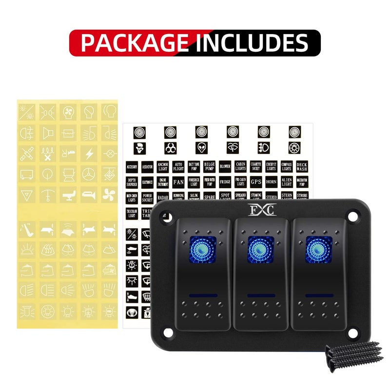 FXC 3 Gang Blue Rocker Switch Aluminium Panel with LED Backlit for Boat and Car - Image 3