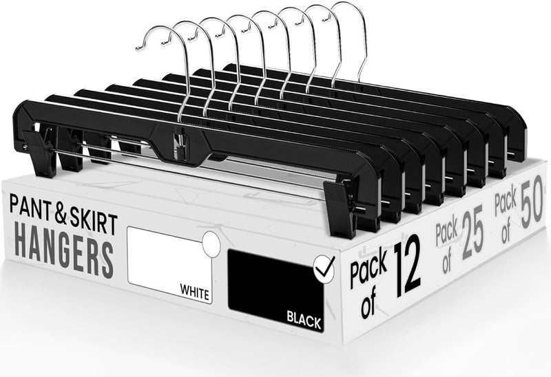 HOUSE DAY Pants Hangers 12 Pack Skirt Hangers with Clips 14 Inch Plastic Pants Hangers 360-Rotating Stainless Steel Clips, Hangers with Adjustable Clips, Hangers for Pants, Skirts, Jeans, Slacks (Black) - Image 1