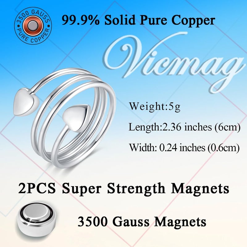 Vicmag Copper Magnetic Ring for Women Ring Ladies Fingers Thumb 99.9% Solid Pure Copper Gift 2PCS Adjustable (Silver Heart) - Image 2