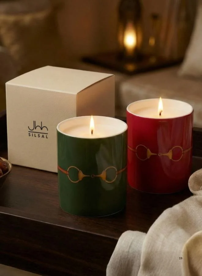 صلصال Set of 2 Fares Candles in Olive Green & Maroon - 150g