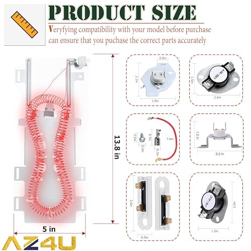 AZ4U Dryer Heating Element Replace For Whirlpool WED9400SW2 WED70HEBW0 WED7300XW0 WED8300SW0 WED9150WW1 WED9550WW1 WED9200SQ1 WED7800XW0 WED9500TW3 WED9200SQ0 WED8300SW1 WED9050XW1 WED9750WL0 W/Thermostat - Image 5