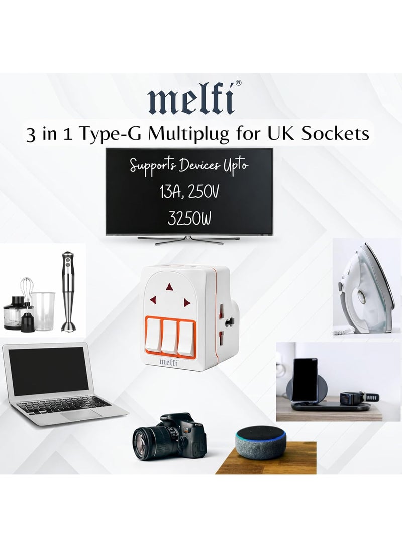 Melfi UK Type-G 13A Universal 3-Pin Multi Plug Socket with Individual Switch – Flat Pin Power Adapter Converter with Surge Protection for UK, Hong Kong, London & Ireland - Image 3