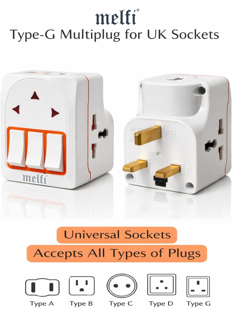 Melfi UK Type-G 13A Universal 3-Pin Multi Plug Socket with Individual Switch – Flat Pin Power Adapter Converter with Surge Protection for UK, Hong Kong, London & Ireland - Image 2