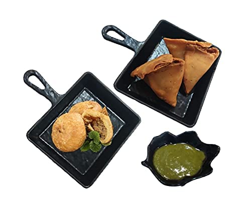 DECOR VIBES 2 Melamine Small Pan Platter Set with 1 Chutney Dip Bowl for Snacks and Sweets, Plates/Tray for Party and Daily use Serving Platter, Unbreakable (Matt Black, 3 PCS) - Image 1