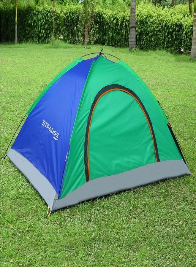 STRAUSS Portable Camping Tent | Ideal for 4 Person | Quick 5-10 Minute Setup | Waterproof Tent for Camping | Superior Air Ventilation | Ideal for Indoors and Outdoors | Camping Accessories,Blue/Green - Image 1