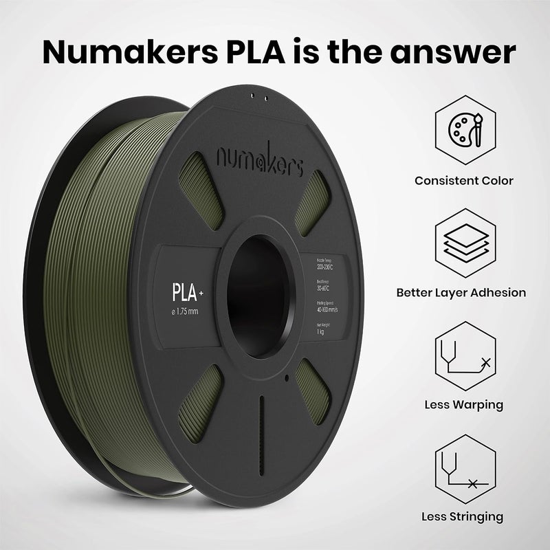 NUMAKERS PLA+ 3D Printer Filament, 1.75mm, Dimensional Accuracy +/- 0.03 mm, 1 kg Spool (2.2 lbs), Compatible with Most FDM Printers (Army Green) - Image 5