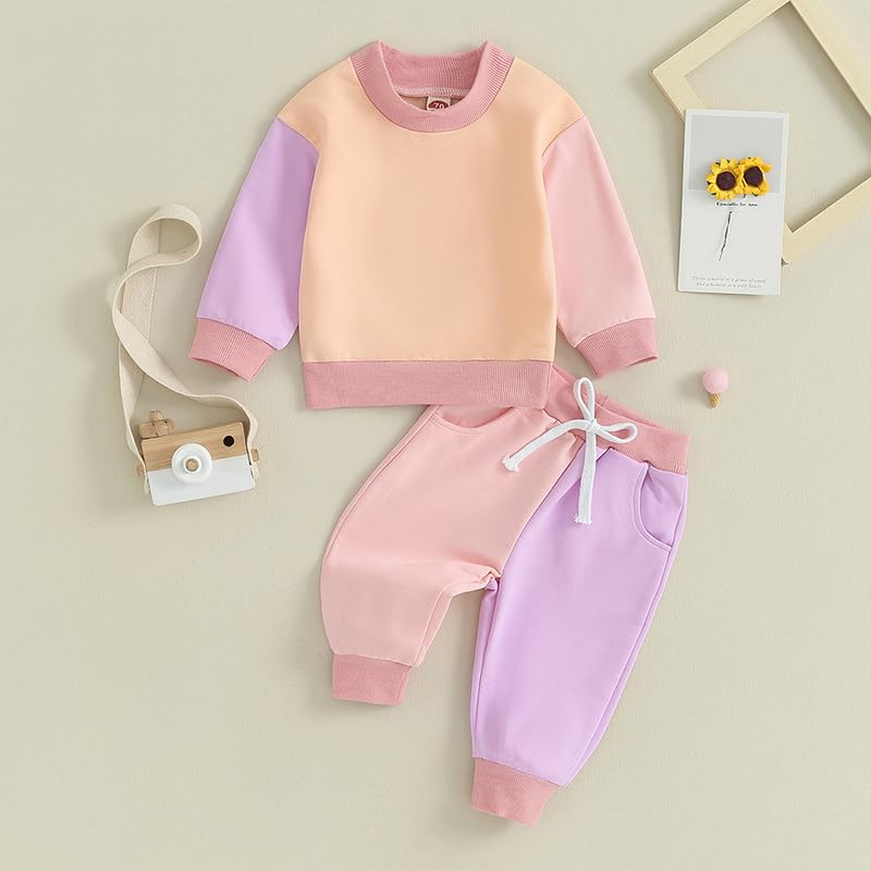 Fernvia Toddler Baby Girl Clothes 3 6 9 12 18 24 Months Fall Outfits Solid Long Sleeve Sweatshirt Tops + Pants Set (C-Purple Pink, 6-12 Months) - Image 3